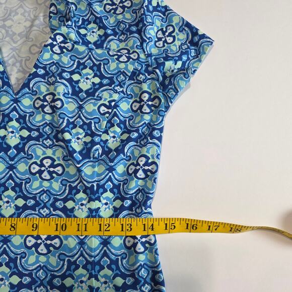 J McLaughlin Dress Womens XS Blue Green Retro Print Short Sleeve V-Neck Midi - Picture 9 of 10